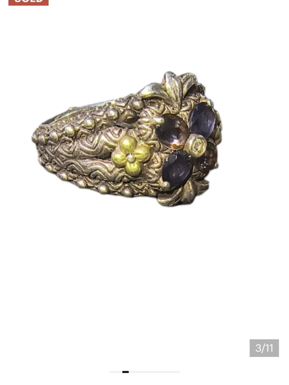 Barbara Bixby Sz 10 Sterling Silver Floral Iolite Ring with 18k Gold Accents